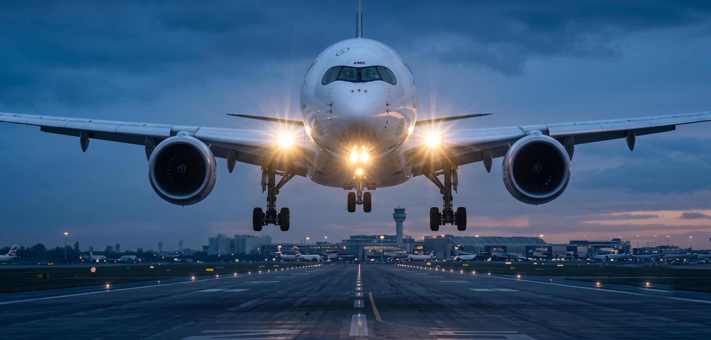 An airliner landing on a runway at dusk with an airport terminal behind