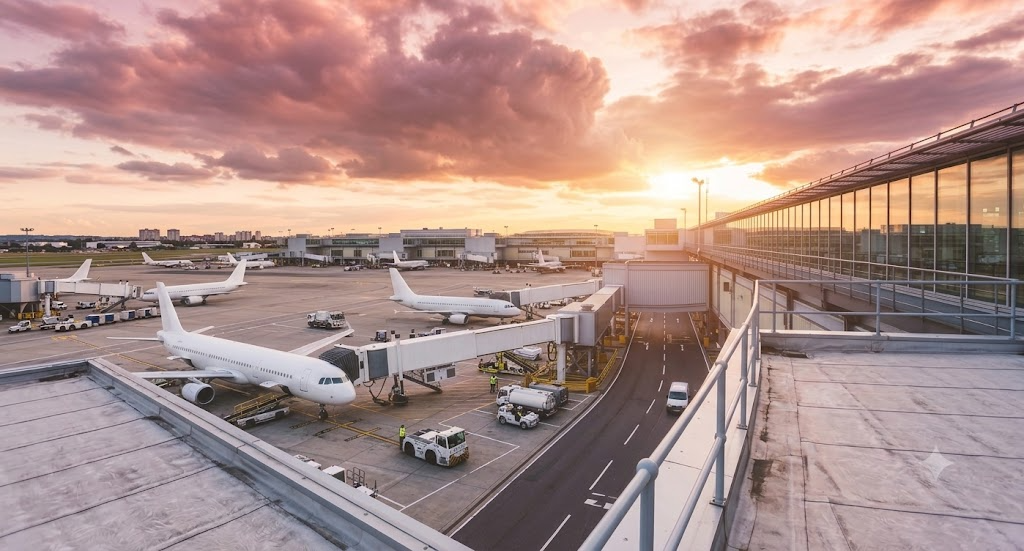 Airport ramp at sunset